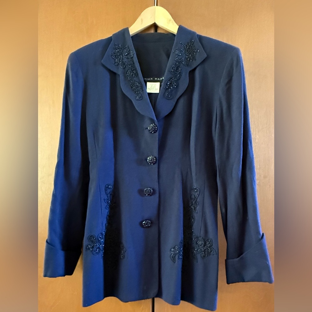 Tina Hagen beaded Blue Blazer with Notched Lapel and Tailored Fit